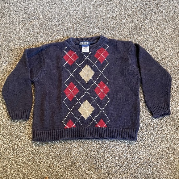 Vintage‎ Oshkosh Toddler Crewneck Knit Preppy Golf Knit Sweater 24M Argyle Navy - Picture 1 of 5